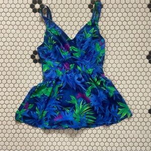 Women Vintage 90s Jantzen Size 14 Neon Tropical Floral Skirted 1 Piece Swimsuit